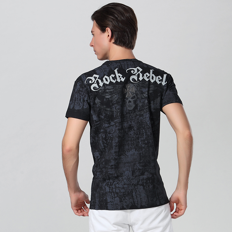Hot Fix Rhinestone Logo Round Neck T Shirt