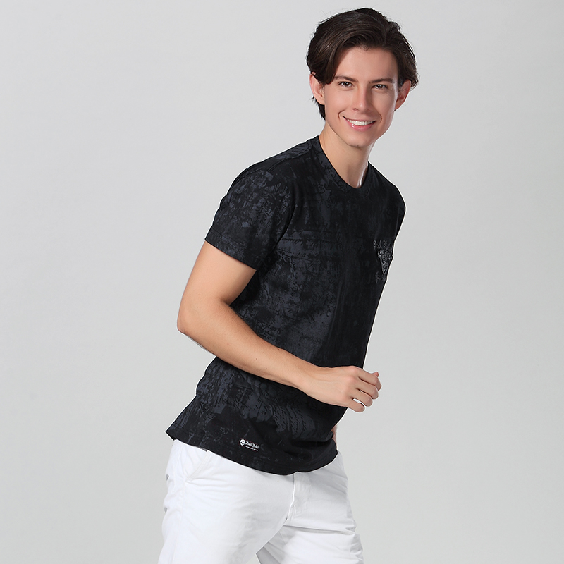 Hot Fix Rhinestone Logo Round Neck T Shirt
